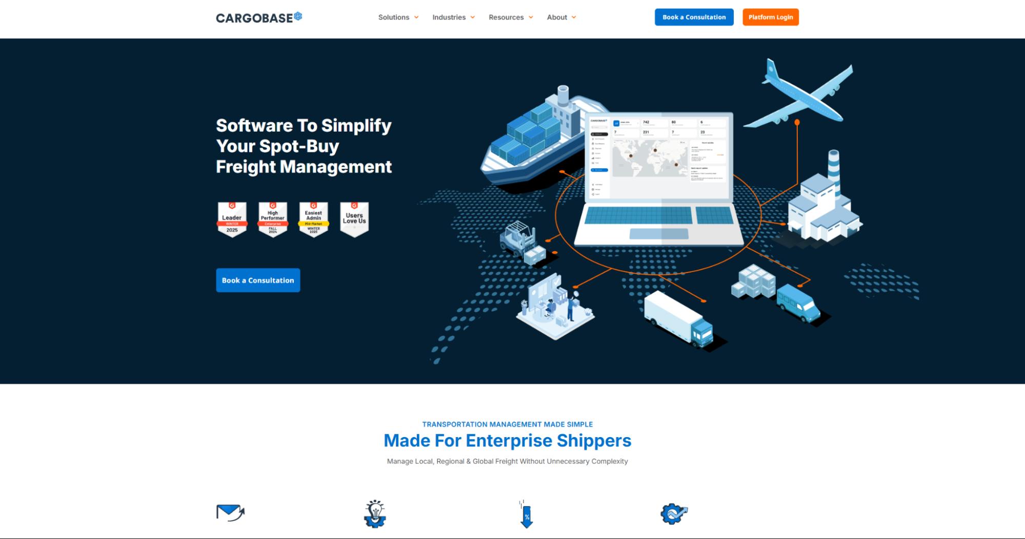 Cargobase homepage showing spot-buy freight management software