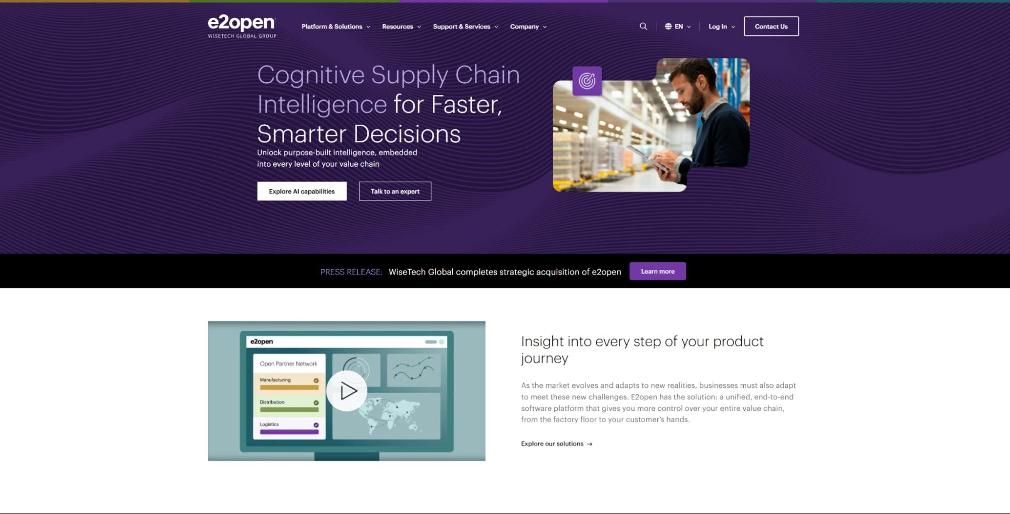e2open homepage highlighting cognitive supply chain intelligence