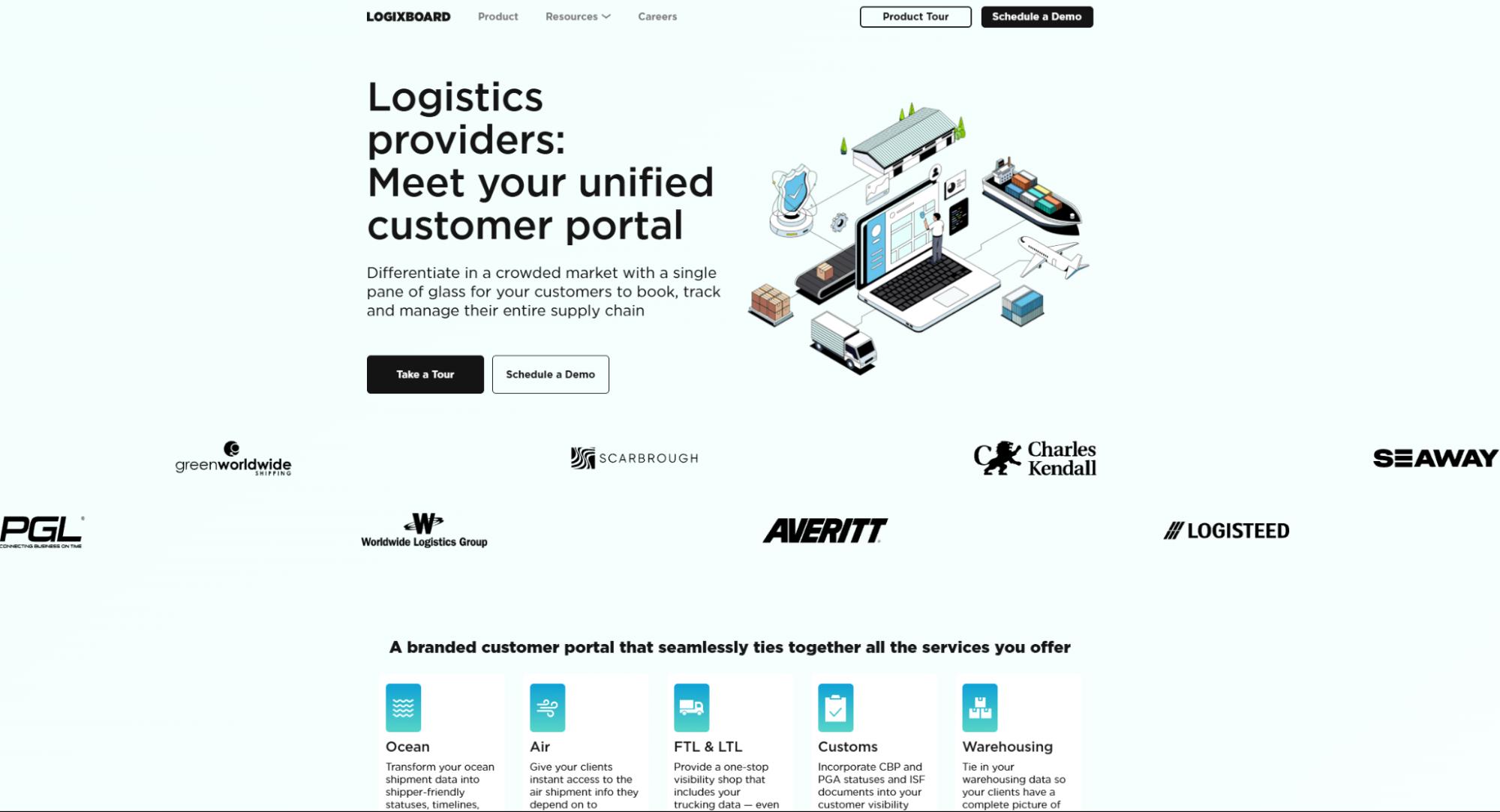 Logixboard homepage showing unified customer portal message