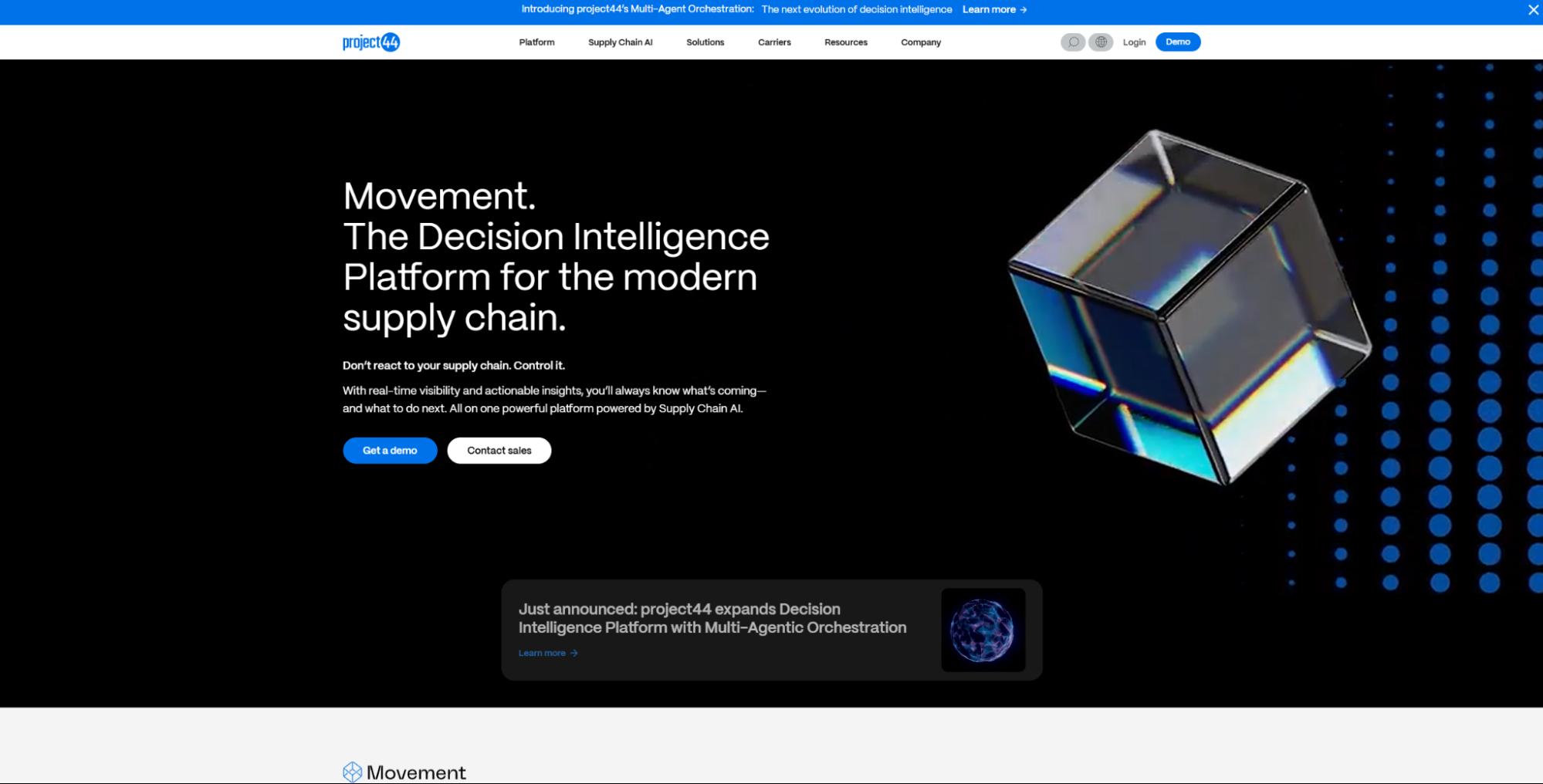 project44 homepage with headline on decision intelligence platform for the modern supply chain