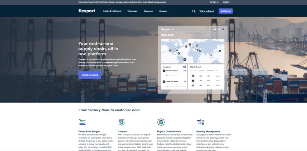Flexport homepage showing port cranes and containers with headline “Your end-to-end supply chain, all in one platform” and a global logistics dashboard.