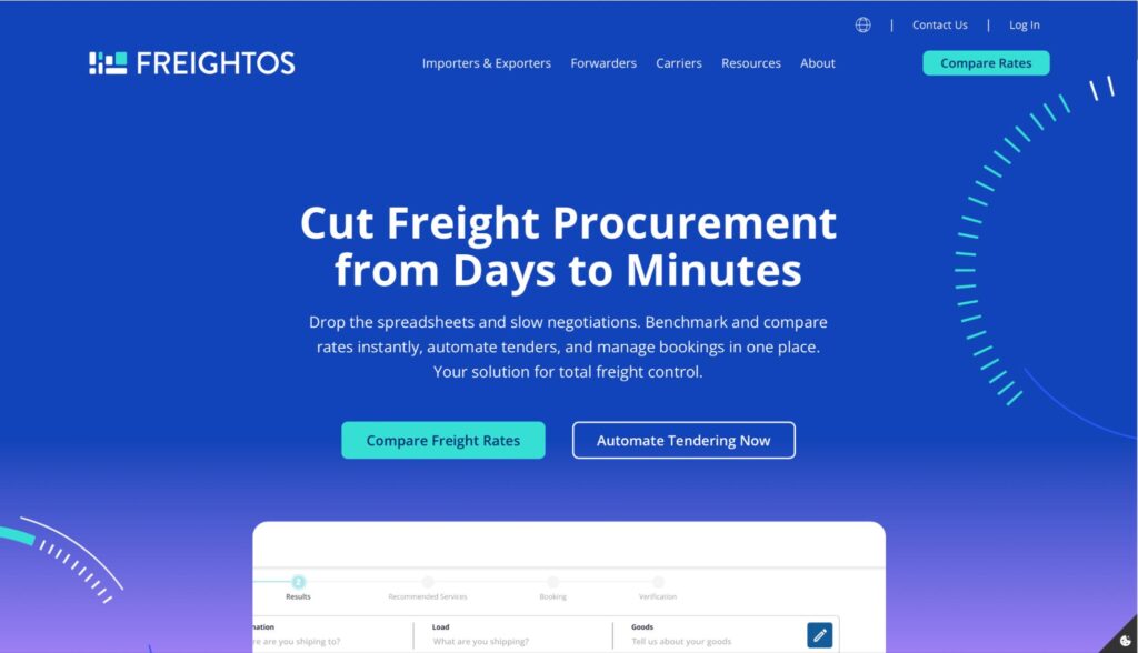 Freightos homepage hero with headline “Cut Freight Procurement from Days to Minutes,” promoting rate comparison and automated freight tendering.