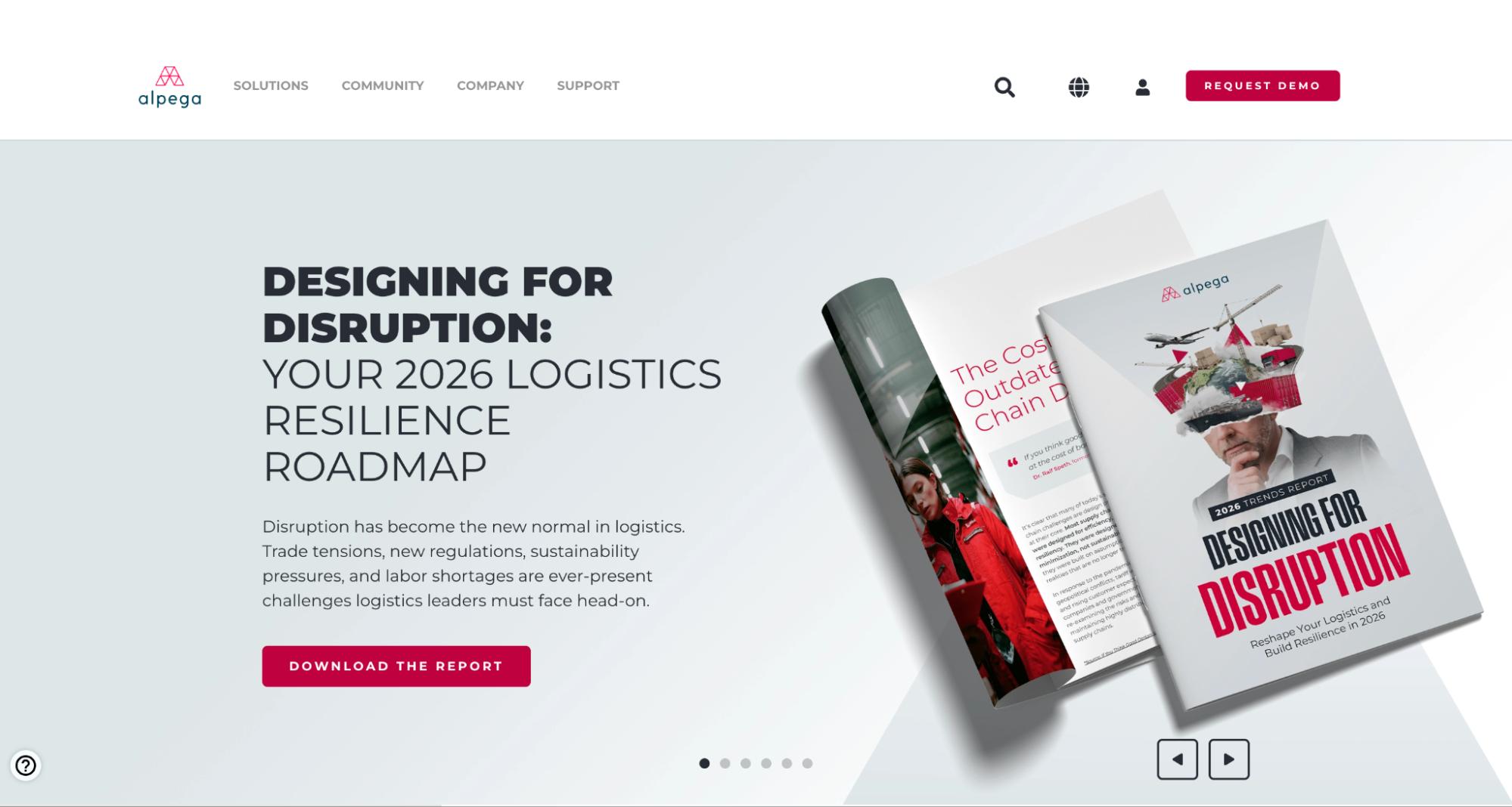 Alpega homepage promoting a 2026 logistics resilience report titled “Designing for Disruption.”