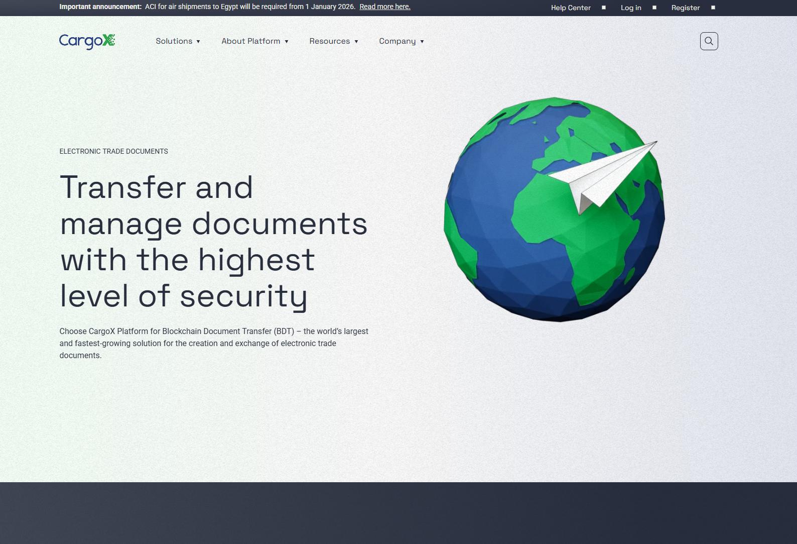 CargoX homepage with “Transfer and manage documents with the highest level of security” headline.