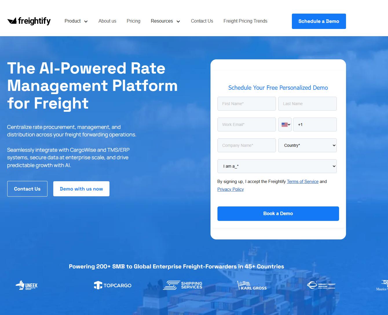 Freightify homepage with “AI-Powered Rate Management Platform for Freight” headline