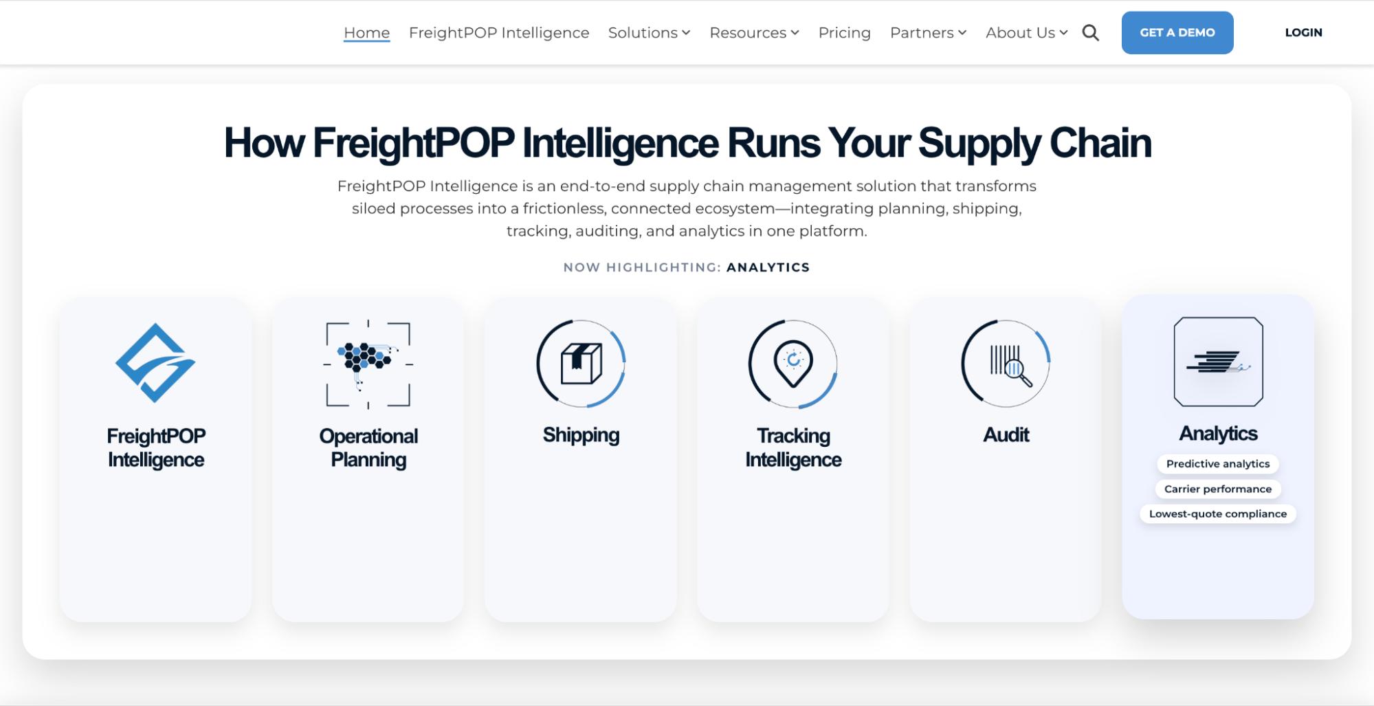 FreightPOP Intelligence webpage showing an end-to-end supply chain platform with modules for planning, shipping, tracking, audit, and analytics.
