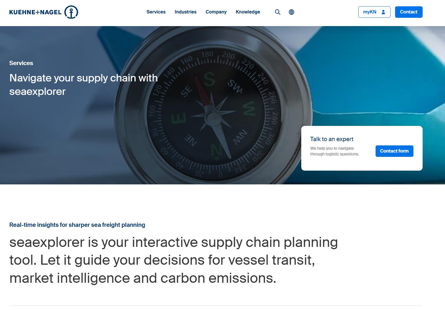 Kuehne+Nagel webpage for seaexplorer service, showing compass image, “Navigate your supply chain”