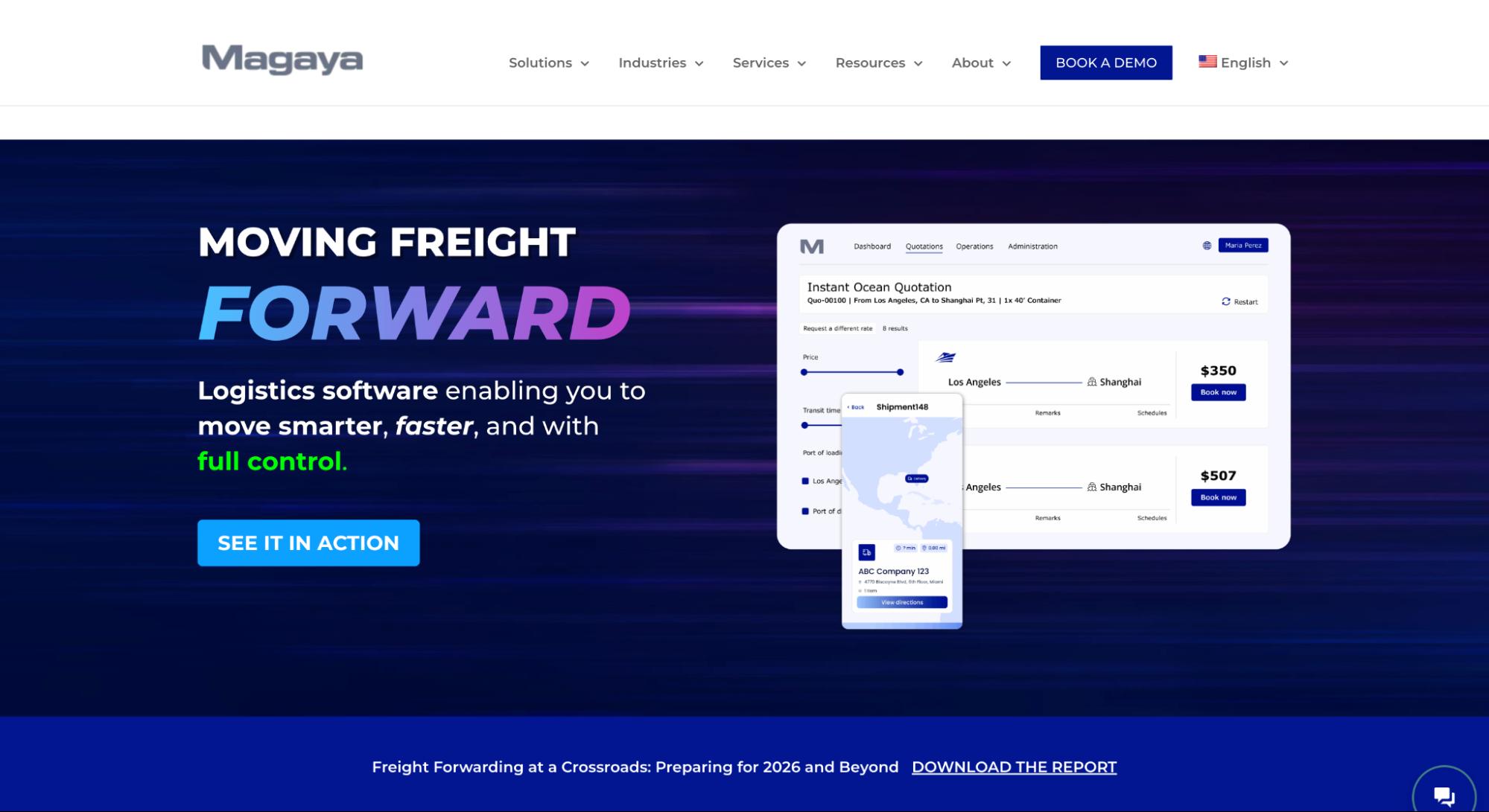 Magaya homepage featuring logistics software for freight forwarding, with a “Moving Freight Forward” headline and a product dashboard.