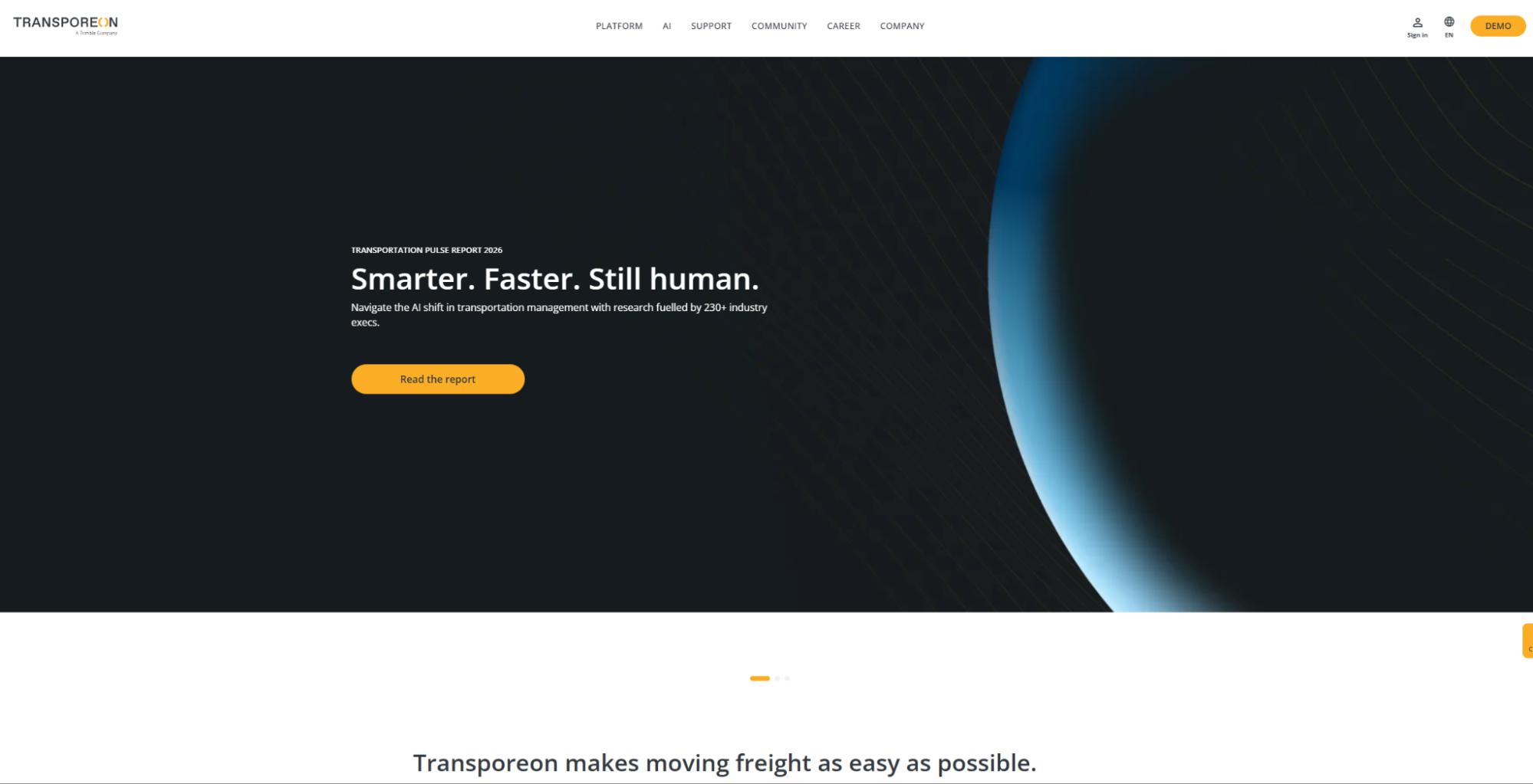 Transporeon homepage banner for Transportation Pulse Report 2026, “Smarter. Faster. Still human.”