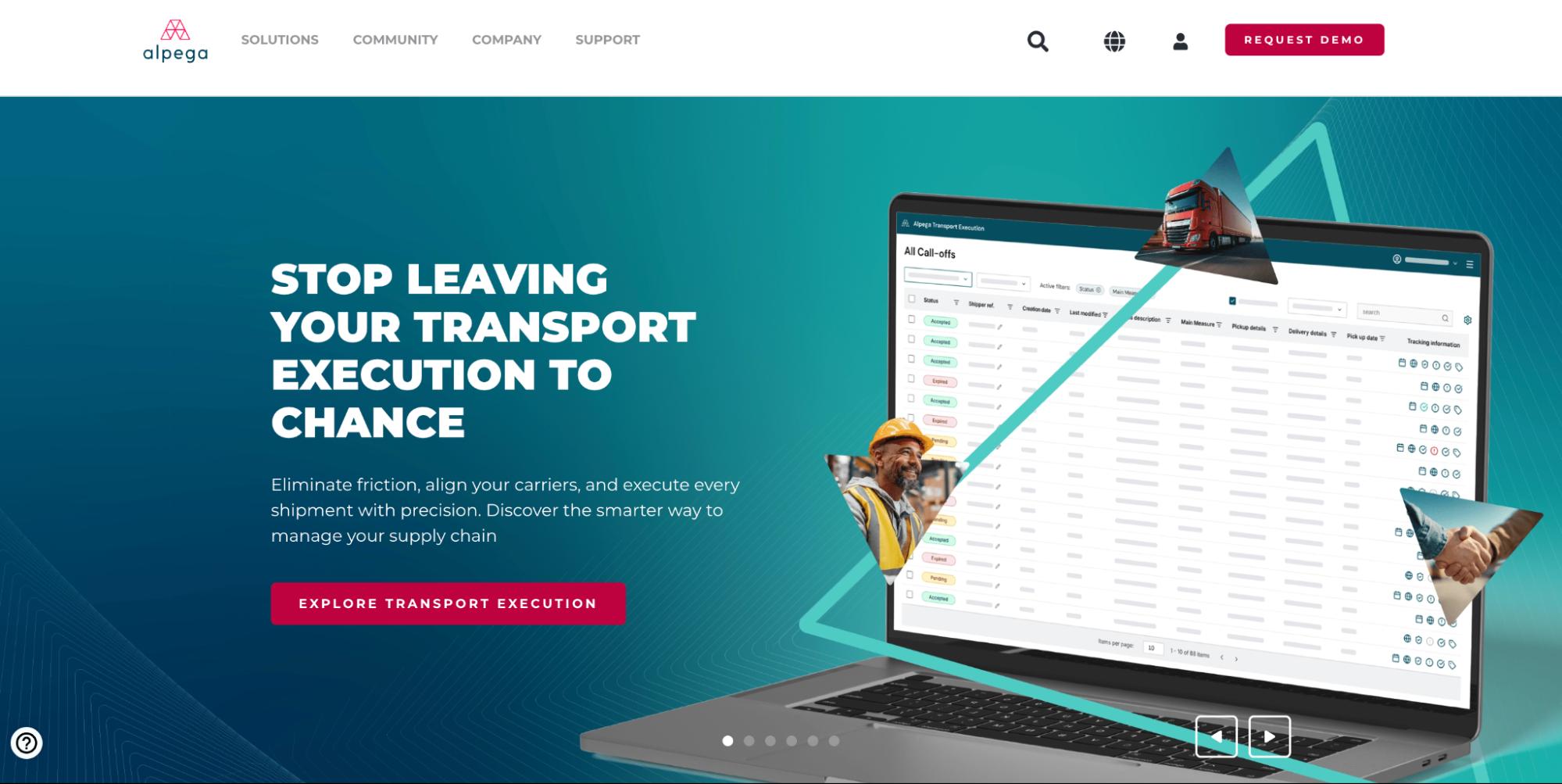 Alpega homepage with transport execution software dashboard and “Explore Transport Execution” button.