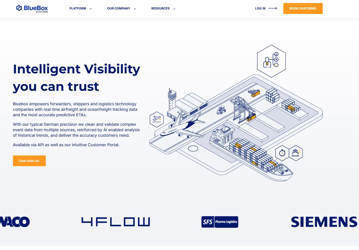 BlueBox Systems homepage highlighting real-time air and ocean freight tracking.