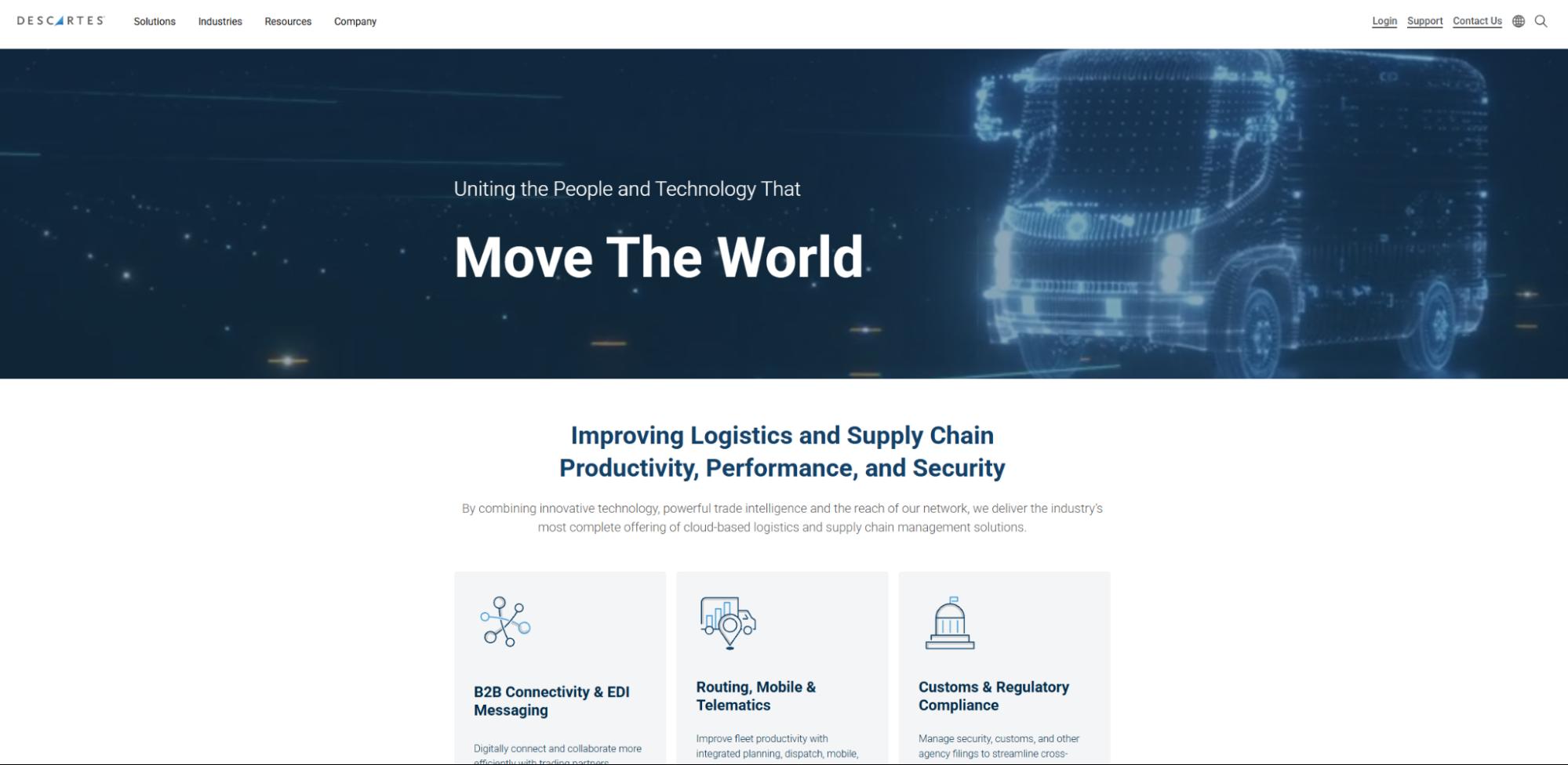 Descartes homepage with “Move The World” headline and logistics, supply chain, and compliance solutions overview.