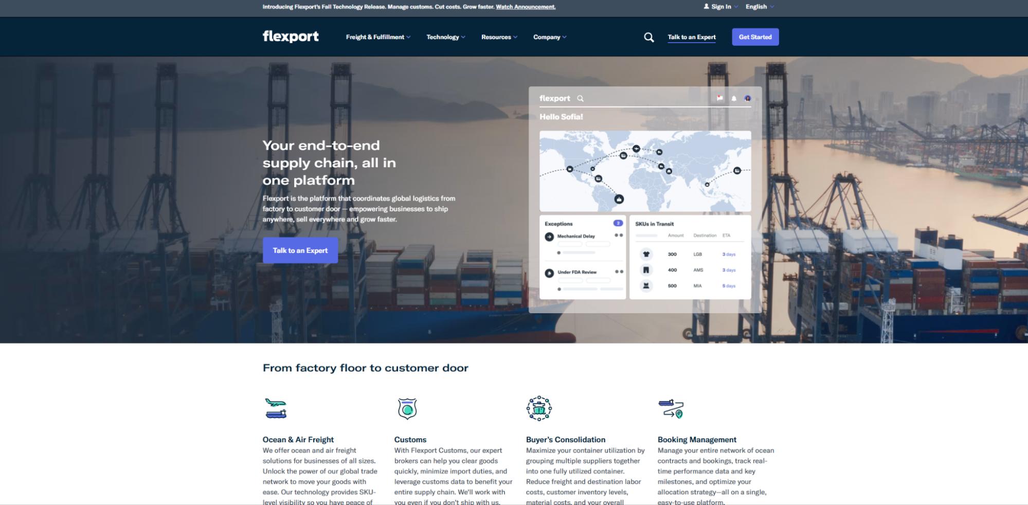 Flexport homepage featuring end-to-end supply chain platform with port backdrop and shipment tracking dashboard.