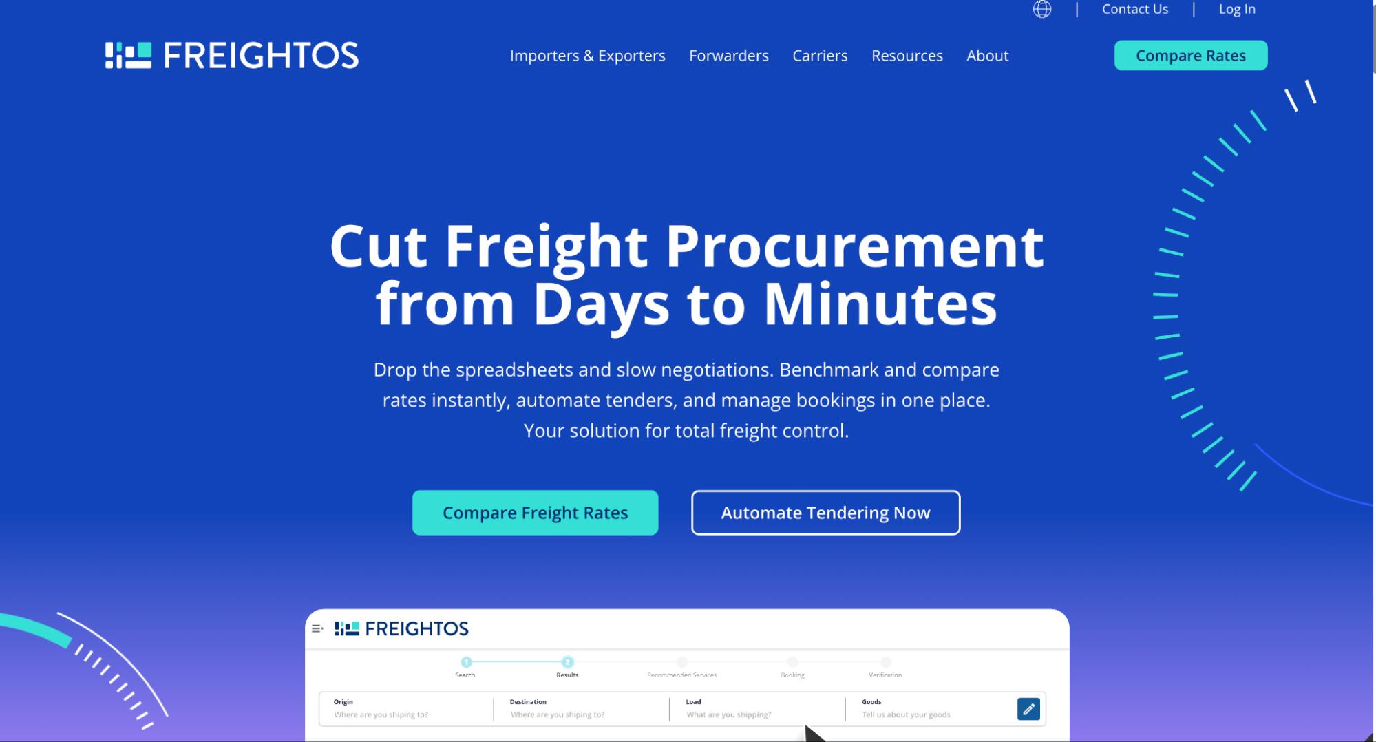 Freightos homepage with headline “Cut Freight Procurement from Days to Minutes” and CTAs to compare rates and automate tendering.