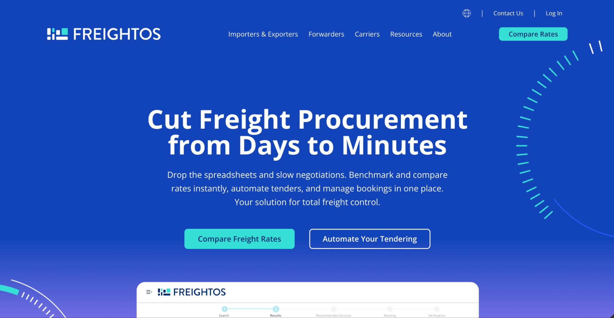 Freightos homepage highlighting fast freight procurement, rate comparison tools, and automated tendering