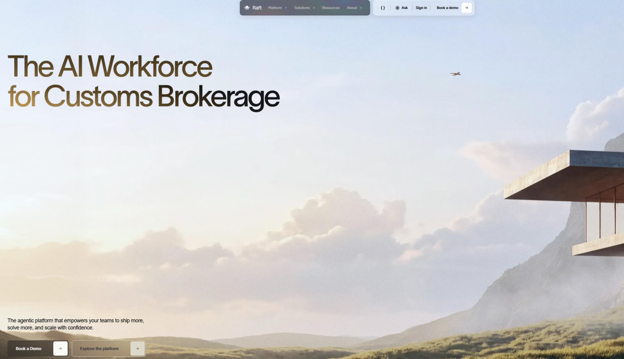 Raft AI platform with “AI Workforce for Customs Brokerage” heading