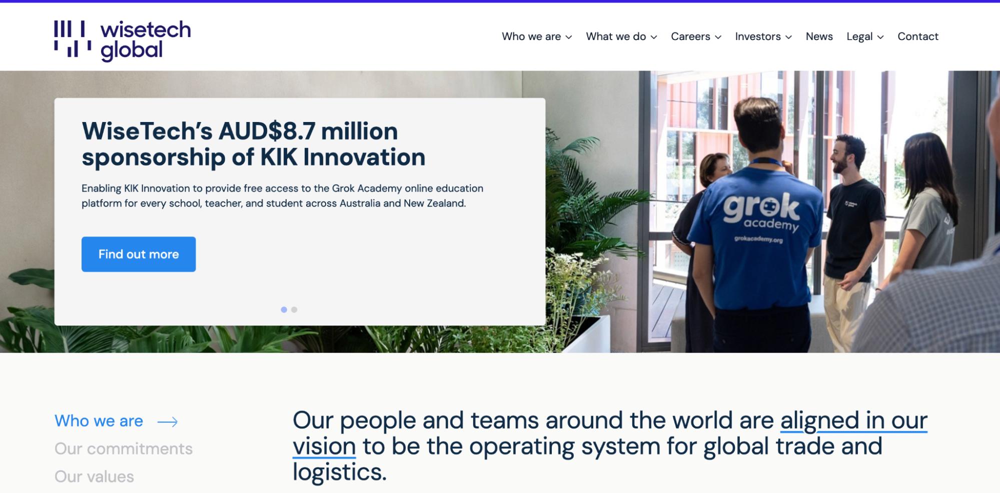 WiseTech Global page highlighting KIK Innovation sponsorship with team members at Grok Academy and company mission in global logistics