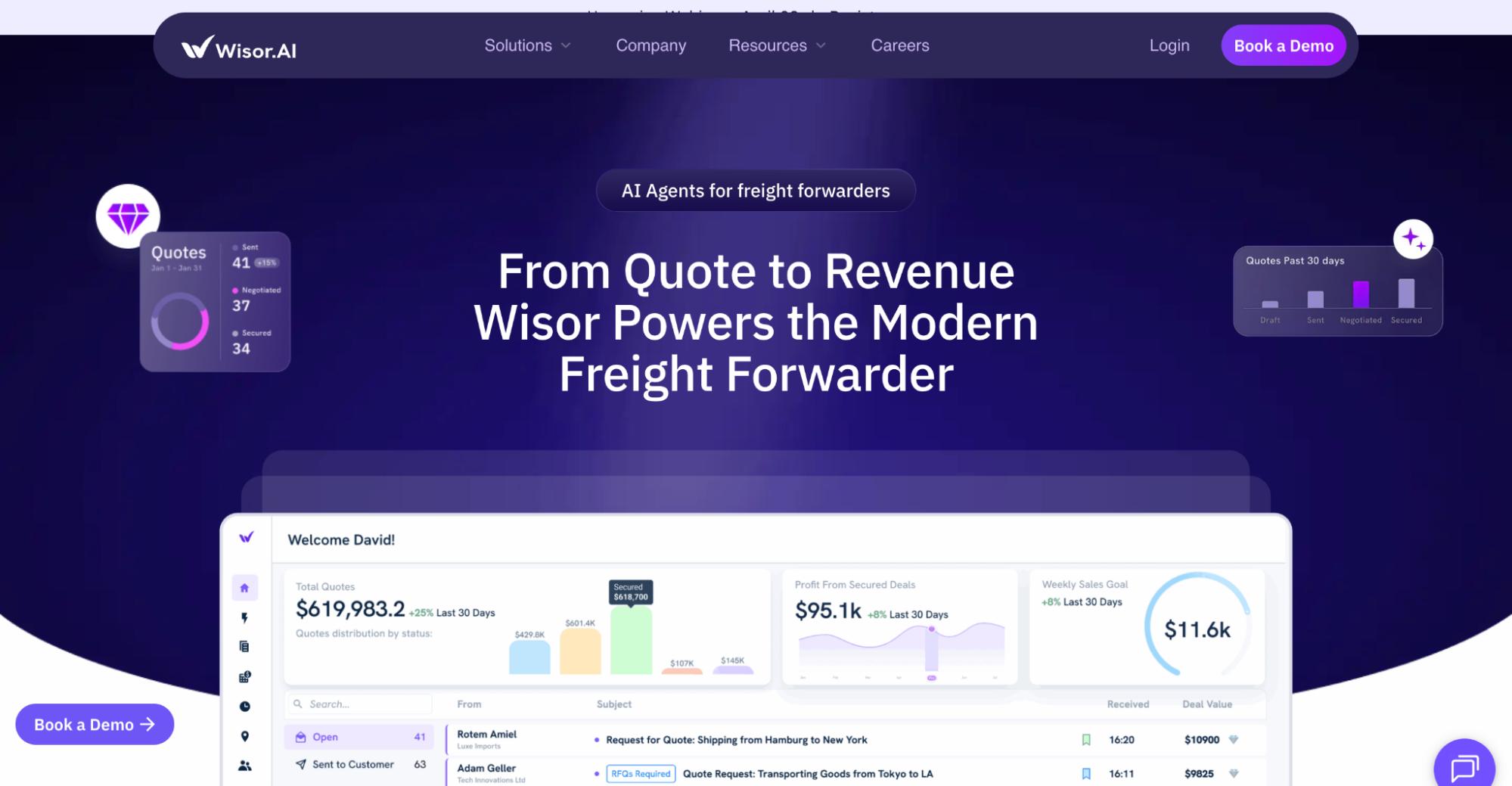 Wisor AI platform showing freight forwarding dashboard with quotes, revenue analytics, and “From Quote to Revenue” headline